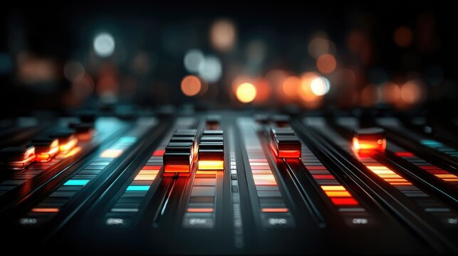 Close-up view of a professional audio mixing console with illuminated faders.