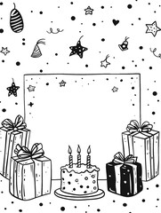 A festive black and white hand-drawn doodle frame featuring a central blank space surrounded by birthday cakes gifts and confetti for party invitations and greeting card designs.