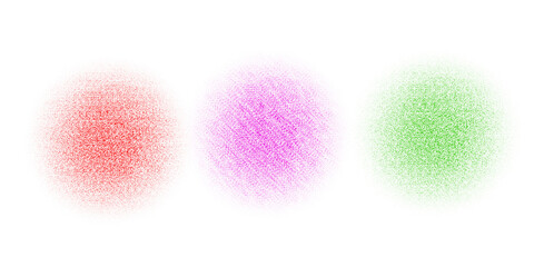Three abstract textured oval shapes in red purple and green against a black background