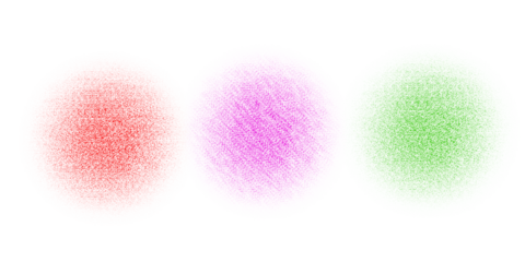 Three abstract textured oval shapes in red purple and green against a black background