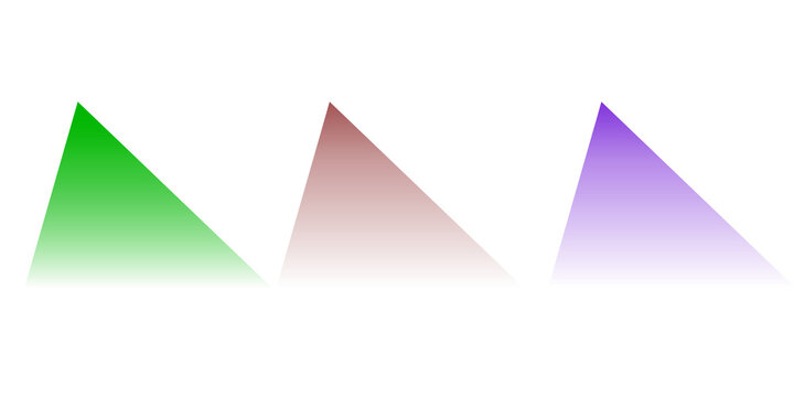Three abstract geometric triangles with vibrant gradients of green red and purple on a black background