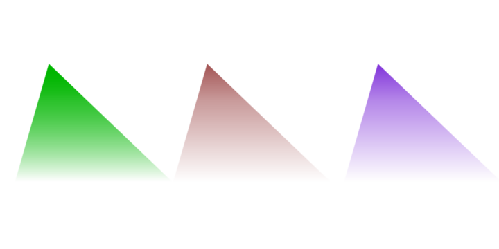 Three abstract geometric triangles with vibrant gradients of green red and purple on a black background