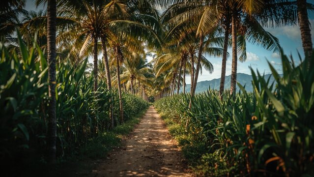 A tropical pathway through tall palm trees and dense greenery, with mountains visible in the background. - Powered by Adobe