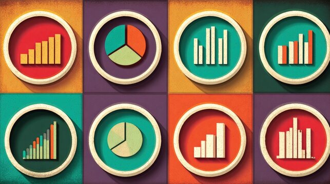 Colorful Data Visualization Icons Representing Various Statistical Information. - Powered by Adobe