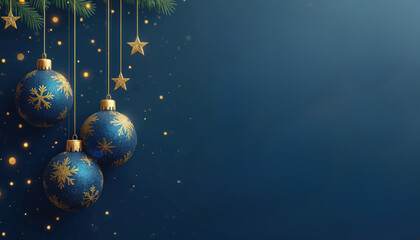 Festive christmas background with hanging ornaments. Gold stars, blue baubles decorate backdrop. Holiday season design with festive colours. Winter celebration scene evokes joyous mood. Christmas