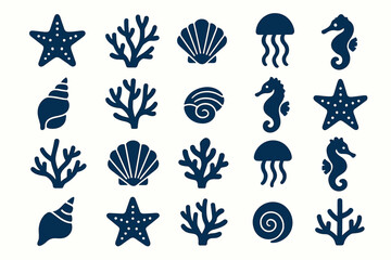 a collection of 20 dark blue silhouette icons representing various ocean and marine life elements.