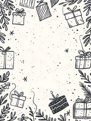 A playful black and white hand-drawn doodle border featuring gift boxes and botanical branches surrounding a blank center for holiday greetings and party invitation layouts.