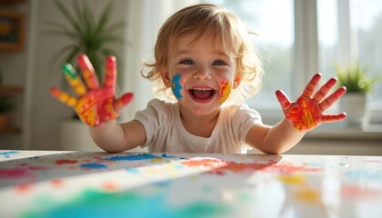 Joyful toddler smiles shows painted palms and face. Little artist enjoys painting with hands. Creative development with colours at home. Child smiles with stained colourful hands. Early education.