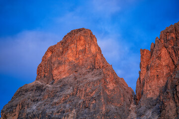 View of the Langkofel group in the morning light in Italy.