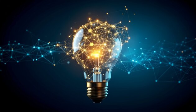 A glowing light bulb, representing ideas and innovation, with a network of connections surrounding it
