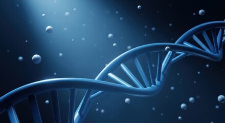 Blue 3D Rendered DNA Helix Structure Against a Dark Scientific Background with Floating Particles and Dramatic Light Beam.