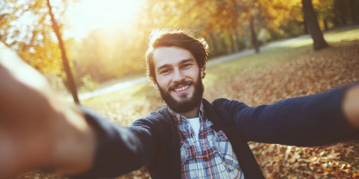 Young man taking selfie in autumn park smiling - Powered by Adobe