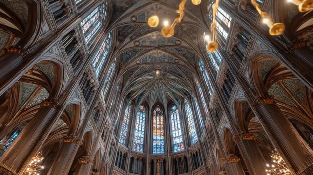 Grand cathedral interior with gothic architecture and decorative elements