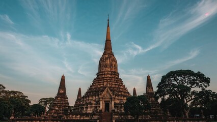 Obraz premium Old image name: 2748 Ancient temple or pagoda with multiple spires, surrounded by trees and a blue sky, showcasing historical and cultural significance.