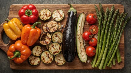 A variety of fresh vegetables including red, yellow, and orange bell peppers, eggplant, zucchini, cherry tomatoes, and asparagus arranged on a wooden cutting board.