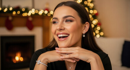 Naklejka premium Joyful young woman with radiant smile, adorned with jewelry, celebrating Christmas near a cozy fireplace and festive decorations.
