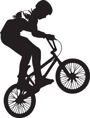 Fototapeta premium Black Silhouette of aBMX Rider Performing a Wheelie on a White Background Keywords: bmx, bicycle, bike, rider, cyclist, extreme sport, stunt, trick, wheelie, action, on transparent background