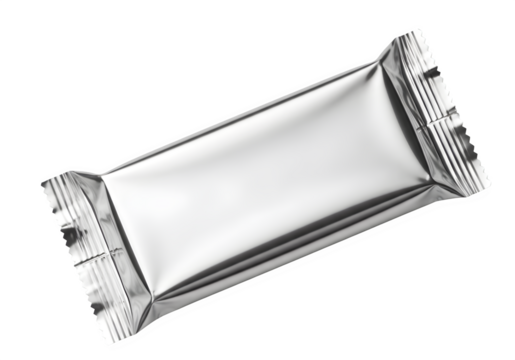 "Blank Silver Foil Candy Bar Chocolate Wrapper Mockup Isolated on Transparent Background PNG"