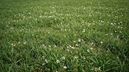 A grassy field with small white flowers scattered across, close-up shot of lush green grass.