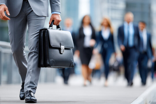 Business professionals walking with briefcases in a modern urban setting during the day - Powered by Adobe