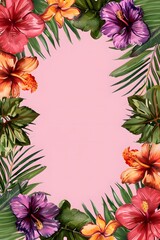 Vertical pink background framed by vibrant tropical hibiscus flowers and exotic green palm leaves creating a colorful summer border with copy space for party invitations or holiday flyers.