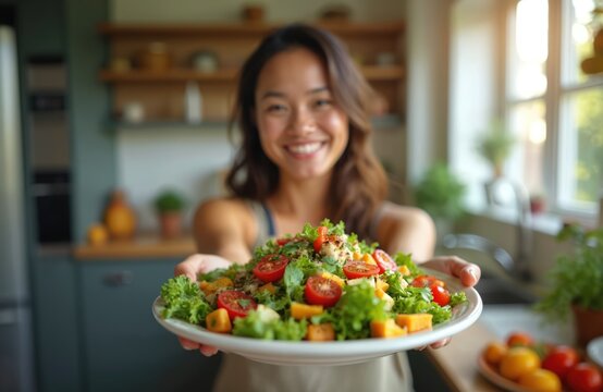 Smiling woman presents healthy salad in bright kitchen. She holds plate with fresh greens tomatoes and cheese. Ideal for blogs about food recipes and healthy lifestyle.