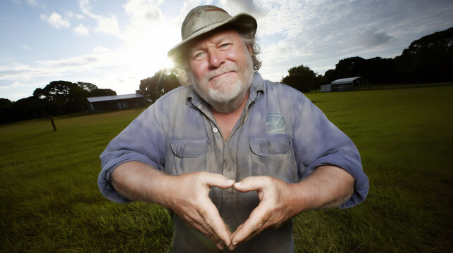 Farmer making a heart shape gesture with his hands, smiling brightly and looking at the camera in an outdoor rural setting