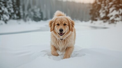 Golden retriever puppy in the snow with a joyful expression and a blurred winter landscape background.