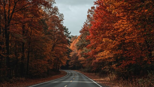Autumn forest scene along a road with colorful fall foliage, trees with orange and red leaves, winding roadway, peaceful autumn landscape.