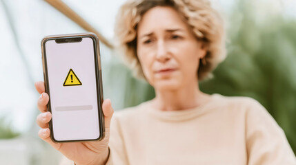 Woman holding a mobile phone showing a security alert with warning sign and password field, feeling concerned about online fraud