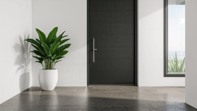 A large green plant in a white pot in front of a black door inside a modern building.