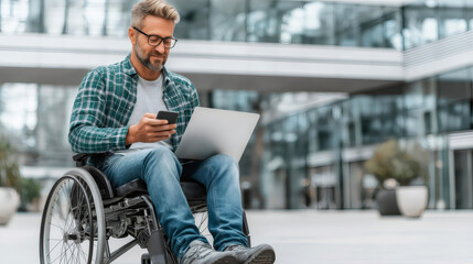 Focused man in wheelchair working remotely outdoors, using mobile technology for connectivity and productivity, urban background