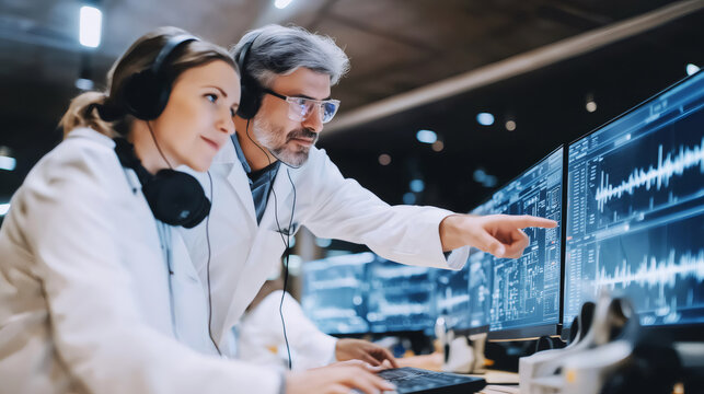 Forensic researchers wearing lab coats and headphones working with advanced audio analysis software on computers in a technology lab