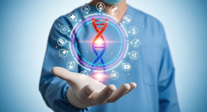 Doctor Holding a Holographic Double Helix DNA Strand. Concept of Genetic Engineering, Personalized Medicine, Gene Therapy, and Biotechnology Research.