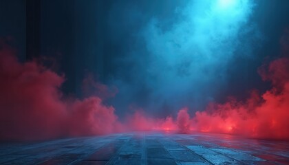 Abstract floor with red and blue smoke background. Cement ground reflects light. Ideal for presentations or product placement. Modern graphic resource looks like a club stage or concert scene.