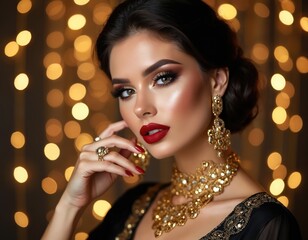 Elegant woman with fancy makeup poses with jewels. Portrait of female with pro visage and manicure. Girl wears jewelry. Luxurious visage art for beauty salon or visage courses advertisement.