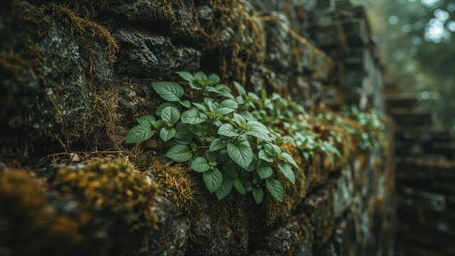 Plants growing on old brick wall with moss and greenery, showcasing natural growth and decay, aspects of nature and architecture.