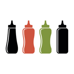 Four condiment bottles in a row, including ketchup and mustard.