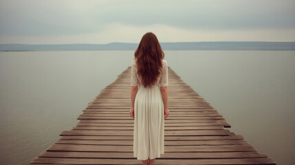 Young woman with long hair on a wooden pier, gazing at the distant horizon over calm water under cloudy sky, finding peace