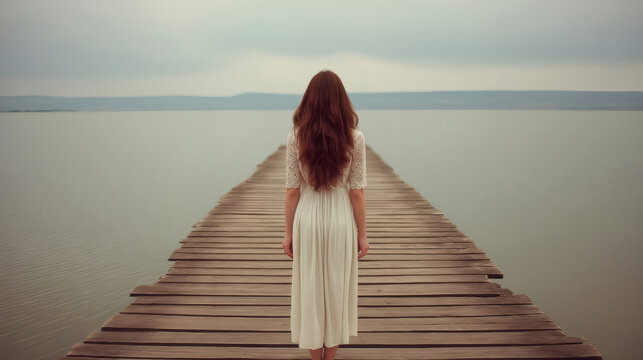 Young woman with long hair on a wooden pier, gazing at the distant horizon over calm water under cloudy sky, finding peace - Powered by Adobe