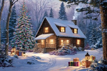Cozy wooden cabin nestled in a snowy forest setting decorated for the holidays
