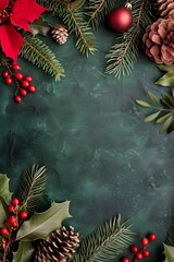 Atmospheric dark green christmas background featuring festive border of fir tree branches pine cones and red berries with copy space in center for holiday season greeting card design.