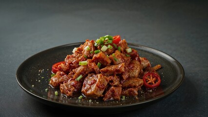 Close-up of cooked beef with chopped spring onions and red chili on black plate.