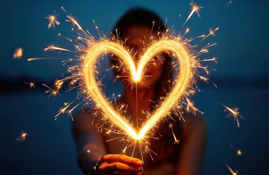 Woman holds sparkler, creates glowing heart shape in dark night. Festive sparks fly, celebrating love and special moments with bright light.