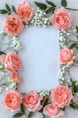 Elegant vertical floral frame composition of blooming pink roses and small white gypsophila flowers surrounding a blank paper card for text on white surface ideal for wedding invitation.