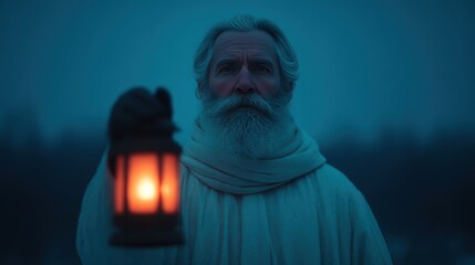 A mysterious figure with a white cloak holds a glowing lantern, creating an enchanting atmosphere in a dimly lit, wintry landscape.