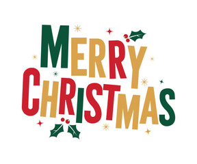 Merry christmas lettering with holly berries and stars festive holiday vector illustration for greeting card