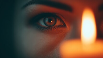 A close-up of a person's eye illuminated by candlelight, highlighting the intricate details and creating a warm, intimate atmosphere.