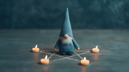 A whimsical gnome figure surrounded by candles arranged in a pentagram pattern, creating an enchanting and mystical atmosphere.