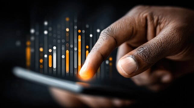 Persons hand interacting with data visualization on a tablet screen.